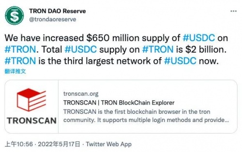 波场大幅增持USDC 流通量已突破20亿枚