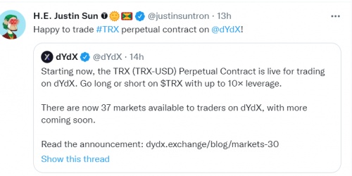 TRX（TRX-USD）正式上线dYdX永续合约市场