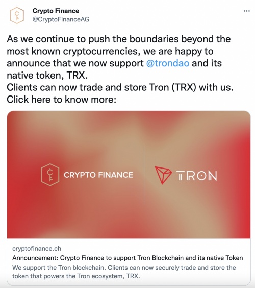 德意志交易所旗下公司Crypto Finance 宣布支持波场代币 TRX