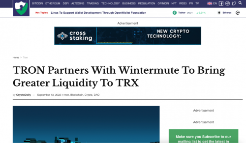 CryptoDaily：波场与 Wintermute 达成合作 提升TRX 流动性