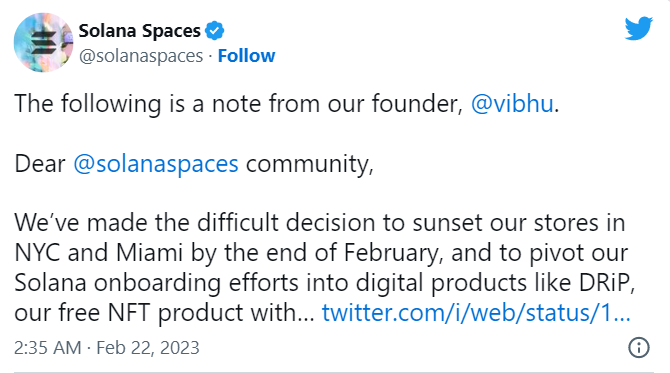 Solana Spaces 将于 2 月底前关闭纽约市和迈阿密的门店