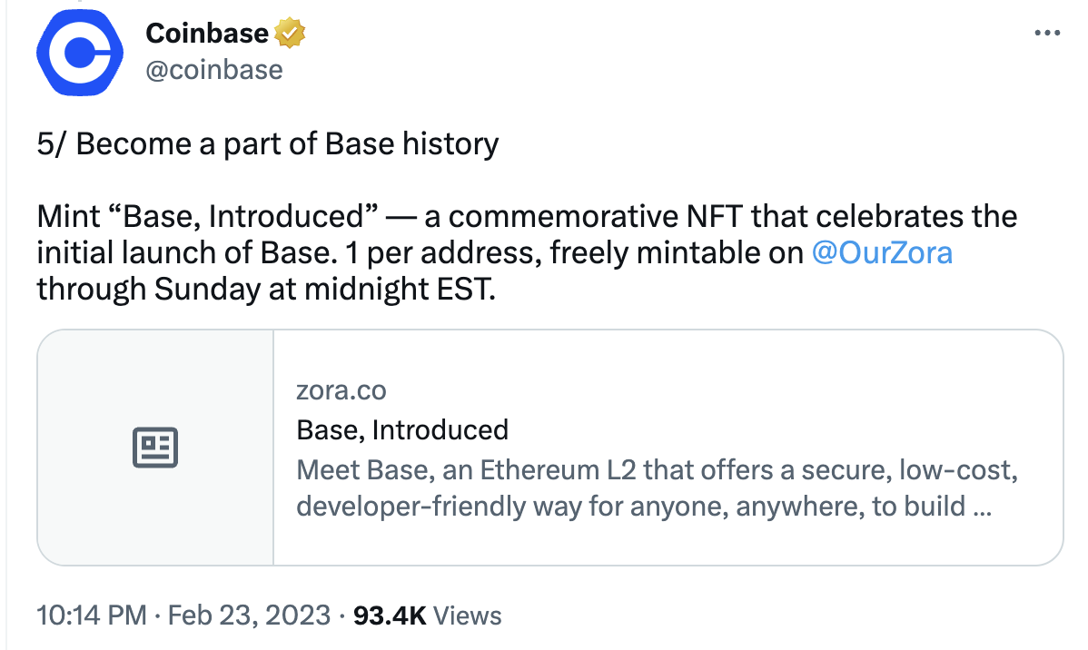 Coinbase 推出“Base, Introduced”纪念 NFT