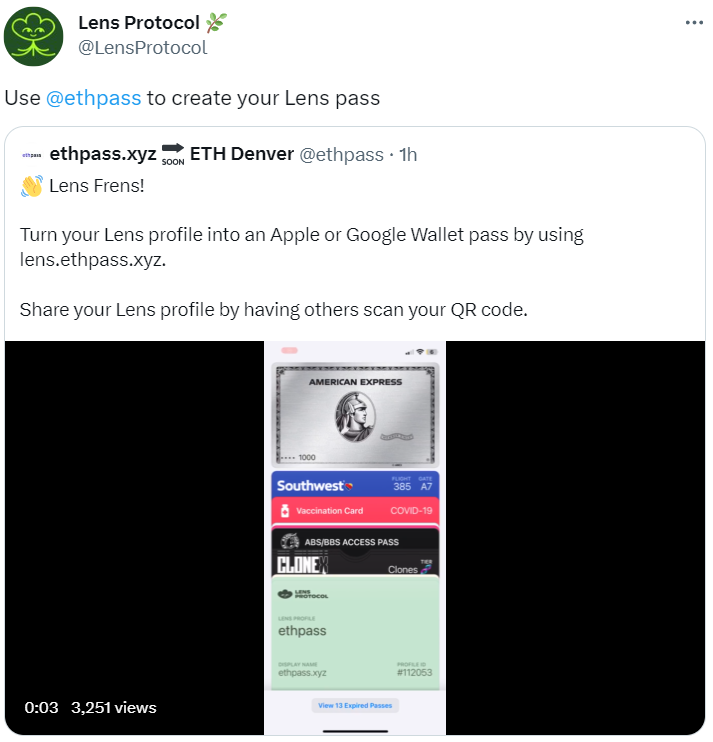 Lens Profile 可通过 ethpass 添加至 Apple 或 Google 钱包