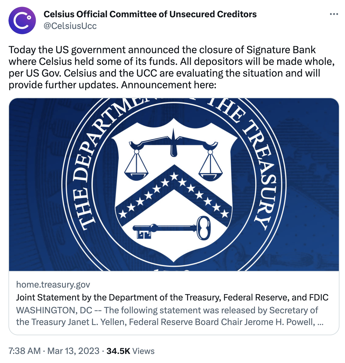 Celsius 债权人委员会：Celsius 有部分资金存在 Signature 银行