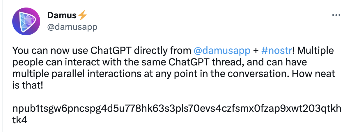 去中心化社交网络应用 Damus 集成针对聊天优化的 ChatGPT