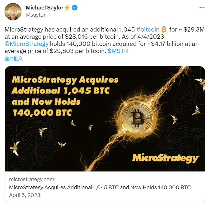 数据：MicroStrategy 再次购入 1045 枚比特币，目前持有 14 万枚比特币