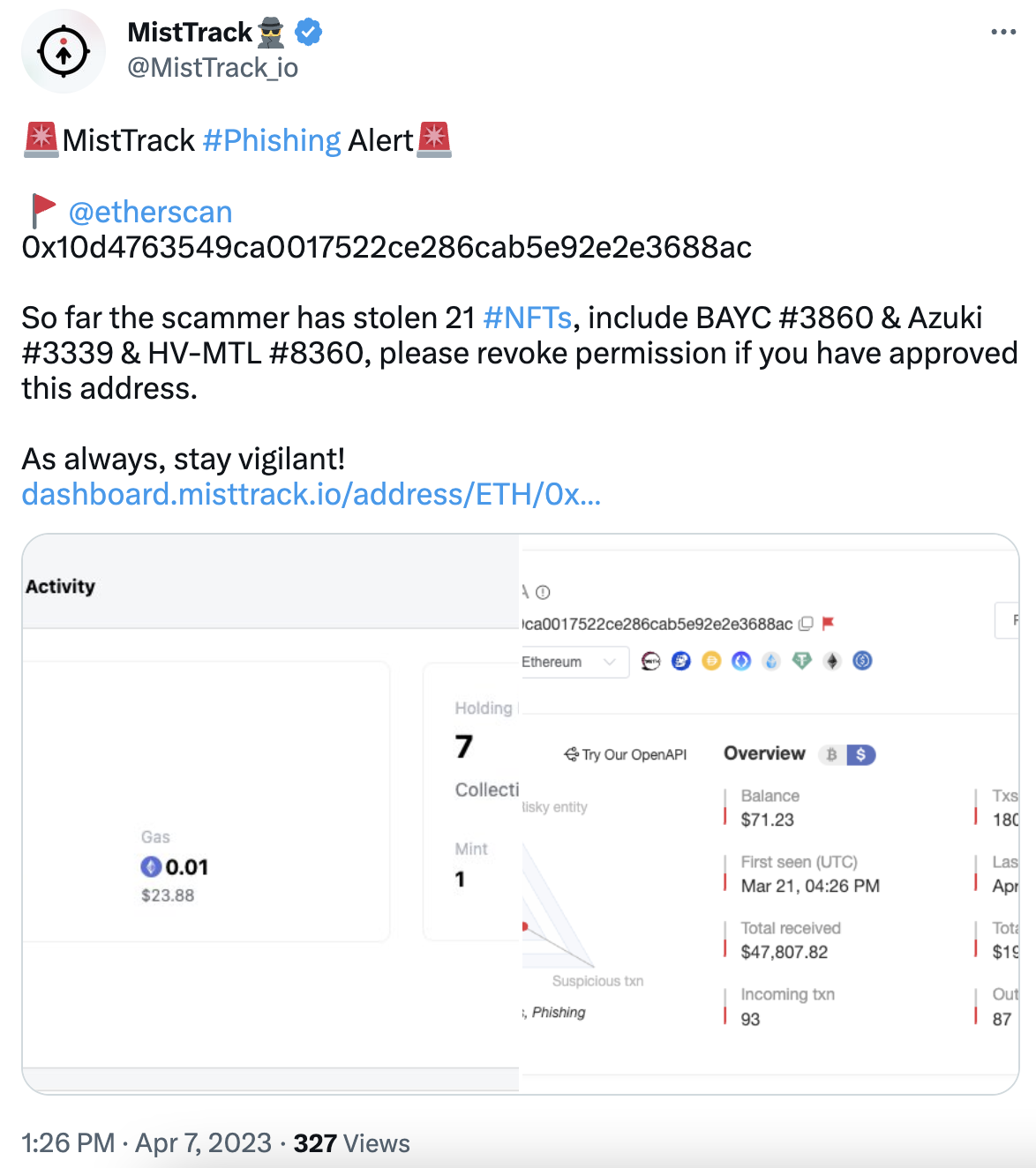 MistTrack：0x10d47 开头钓鱼地址已窃取 21 枚 NFT，提醒用户及时撤销权限