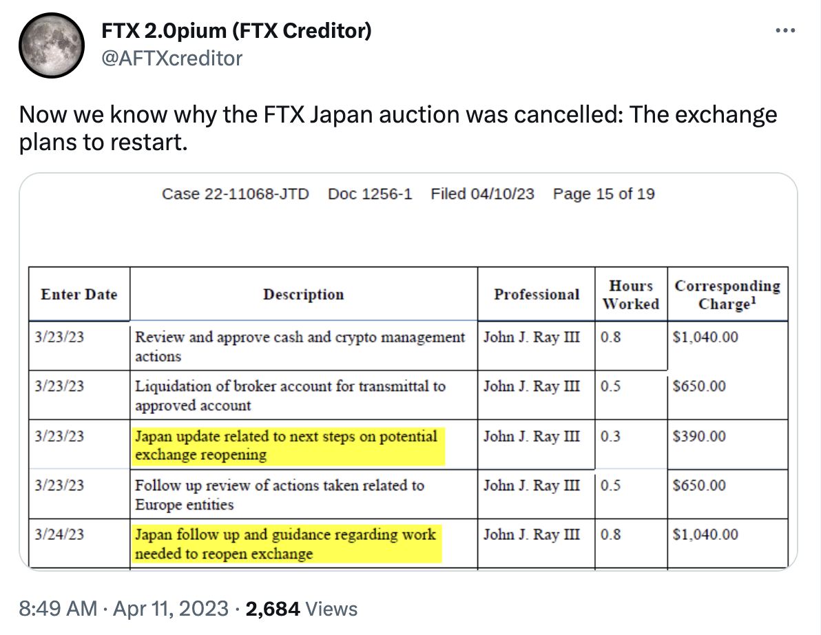 FTX 债权人：FTX Japan 计划进行重启，故取消拍卖