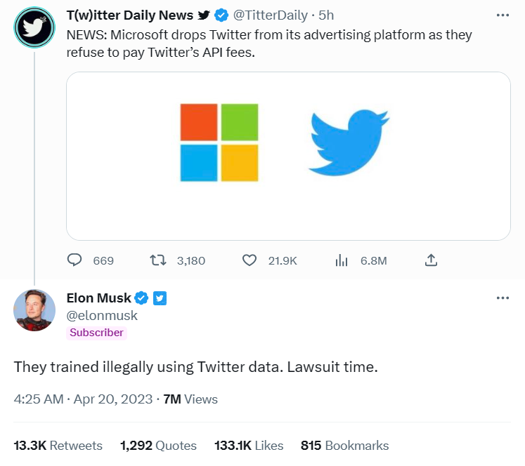 “诉讼时间到！”马斯克：微软非法使用推特数据进行AI训练
