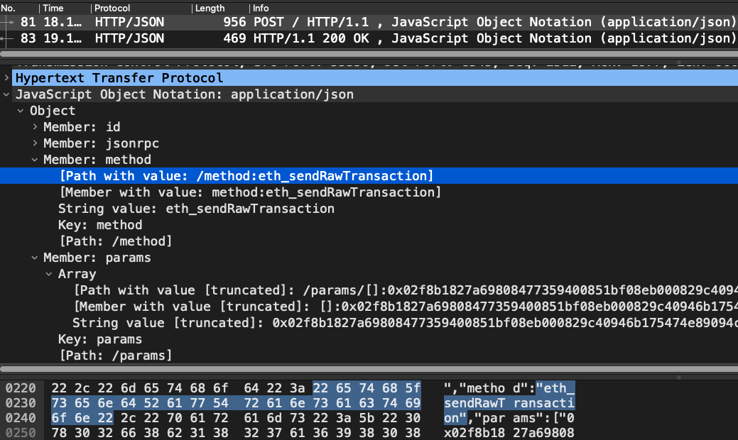 Wireshark使用eth_sendRawTransaction方法发送原始交易的流量
