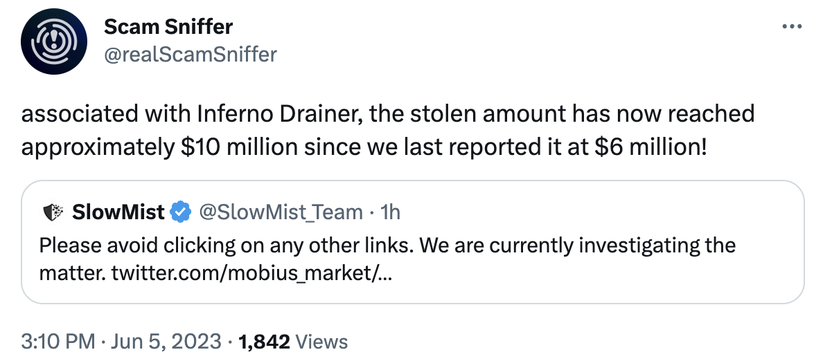 Scam Sniffer：诈骗服务提供商 Inferno Drainer 盗窃金额已接近 1000 万美元