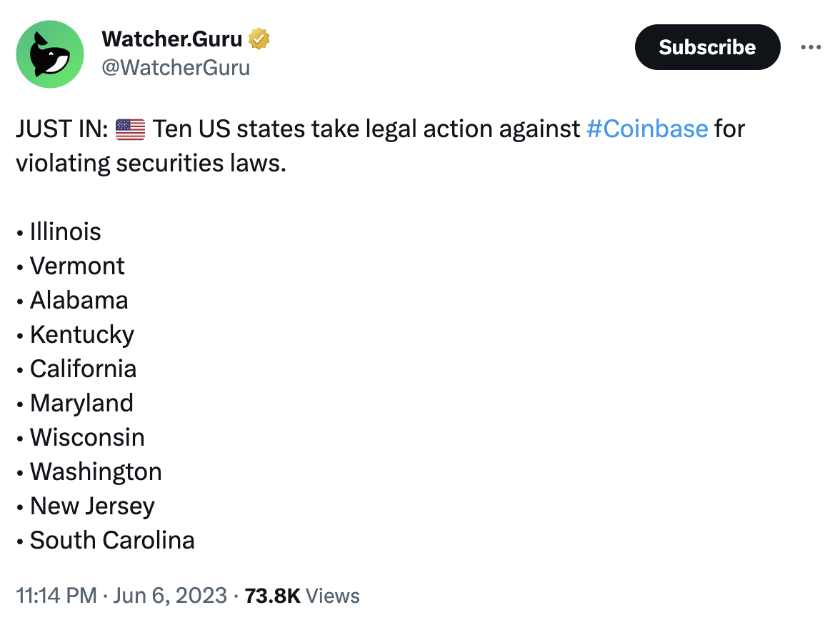 美国已有十个州针对 Coinbase 违反证券法采取法律行动