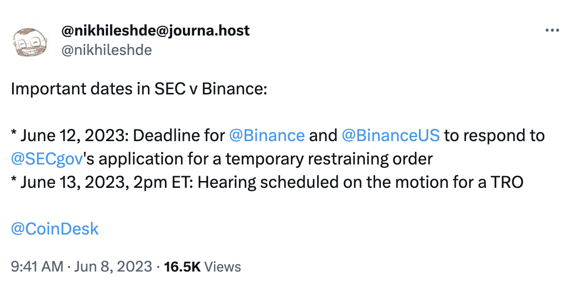 消息人士：“SEC 申请冻结 Binance.US 资产”相关听证会将于 6 月 14 日进行