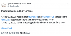 消息人士：“SEC 申请冻结 Binance.US 资产”相关听证会将于 6 月 14 日进行