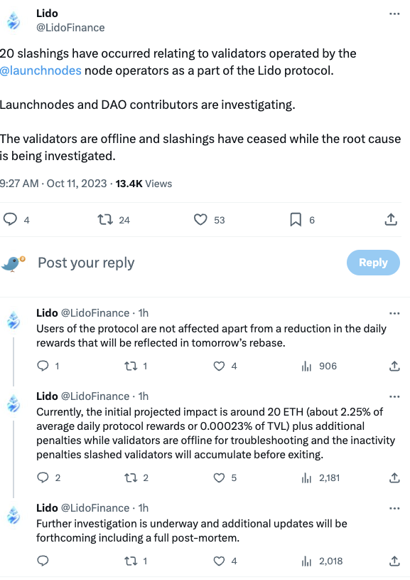 Lido：Launchnodes运营的验证器已发生20次削减，初步影响约为20ETH，正在调查根本