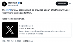 马斯克：xAI 首款 AI 助手“Grok”为 X“Premium+”订阅服务标配功能，每月 16 美元