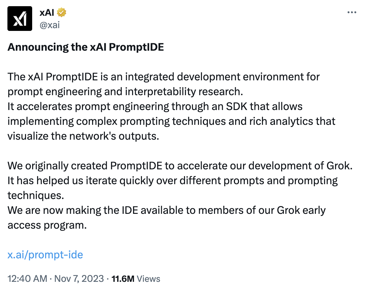 马斯克旗下 AI 公司 xAI 推出 PromptIDE 工具