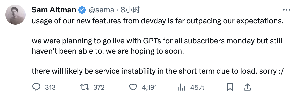 OpenAI 再次大范围宕机，CEO 称新服务受欢迎程度超预期