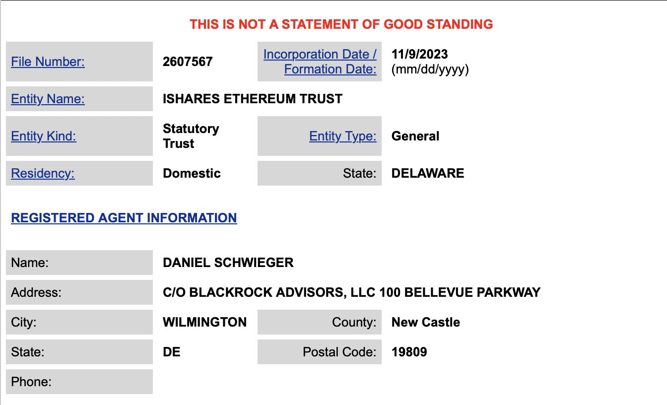 贝莱德在特拉华州注册以太坊信托，注册实体名为ISHARES ETHEREUM TRUST