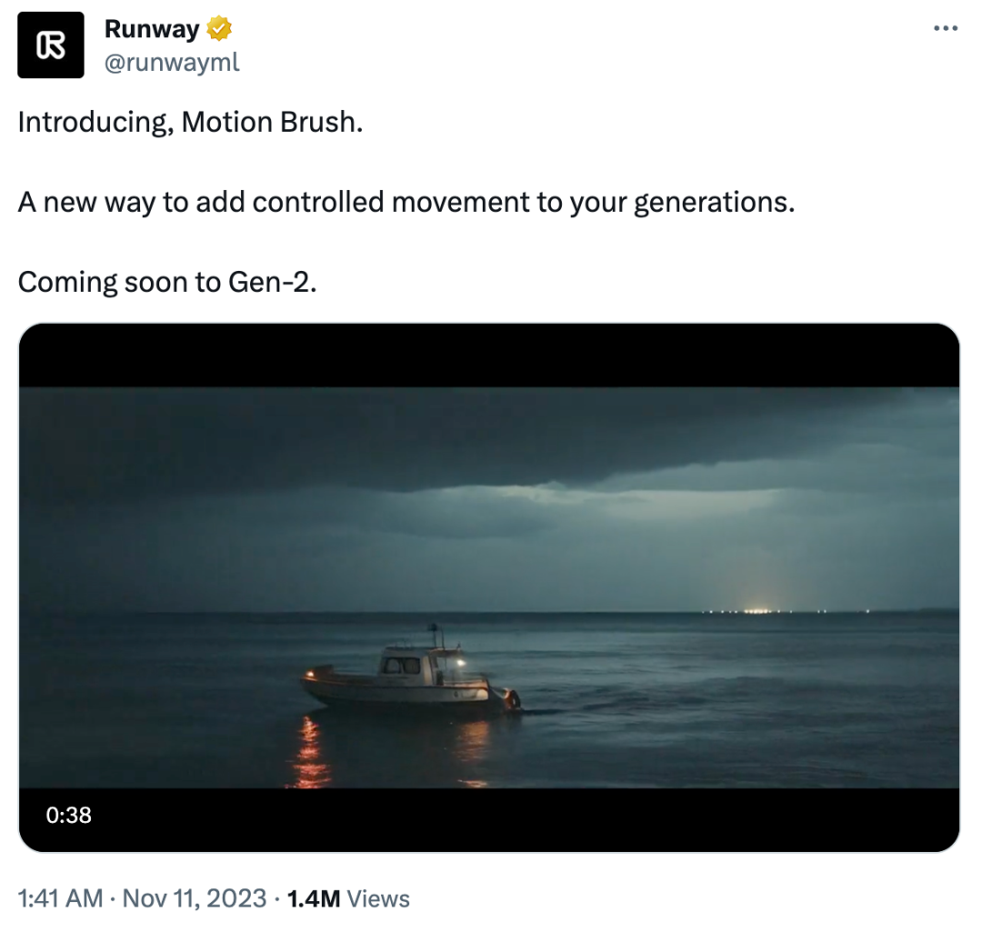 Runway新功能「运动笔刷」再次惊艳AI圈：随手一涂，图片就动起来了