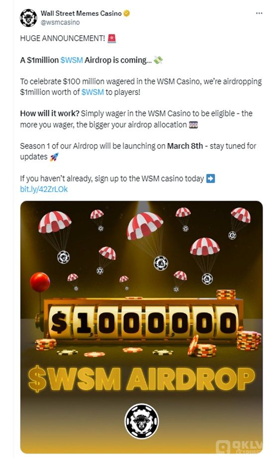 WSMCasino庆祝投注金额达到1亿美元 并宣布发行100万美元的WSM空投