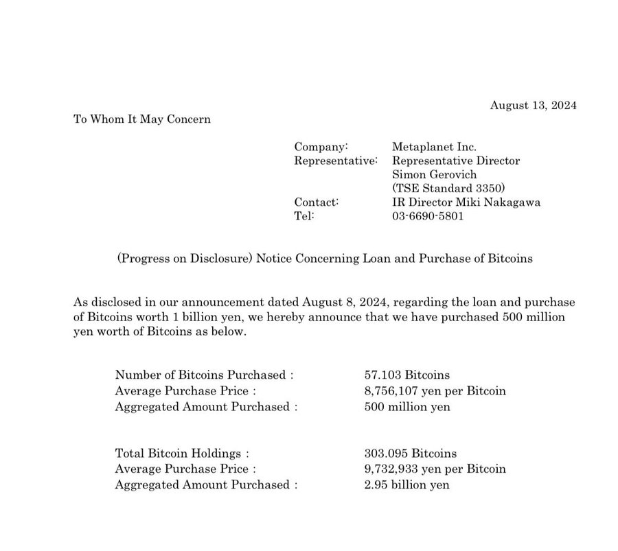 <b>Metaplanet再次购买价值5亿日元的比特币</b>